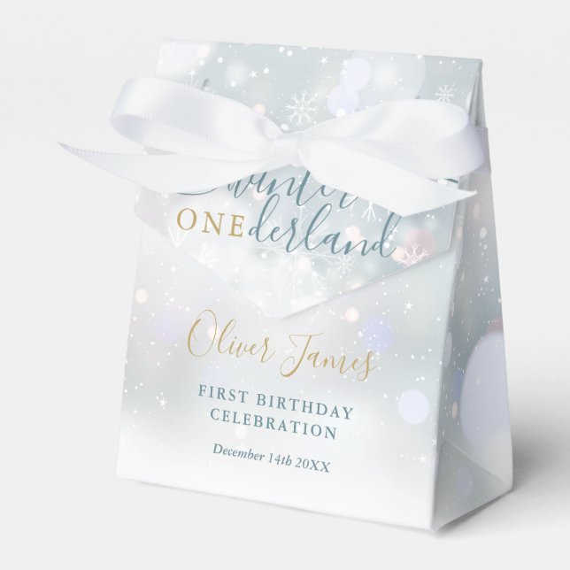 Winter Onederland 1st Birthday Blue And Gold Favour Box (Front Side)