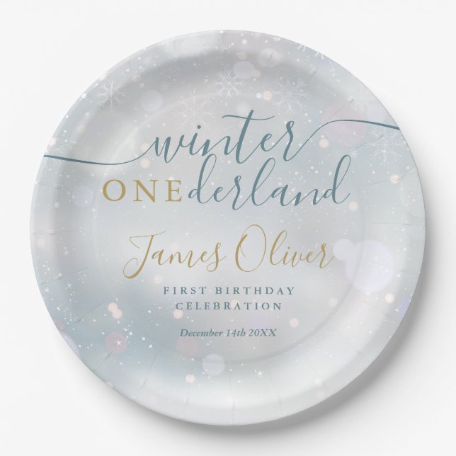 Winter Onederland 1st Birthday Blue And Gold Paper Plate (Front)