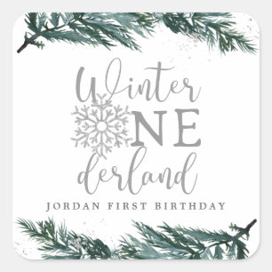 Winter Onederland 1st Birthday Favour, Green Pine Square Sticker