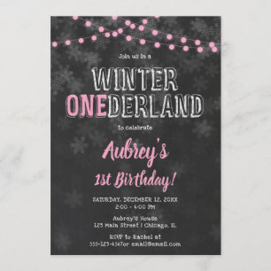 Winter Onederland 1st Birthday girl pink black Invitation