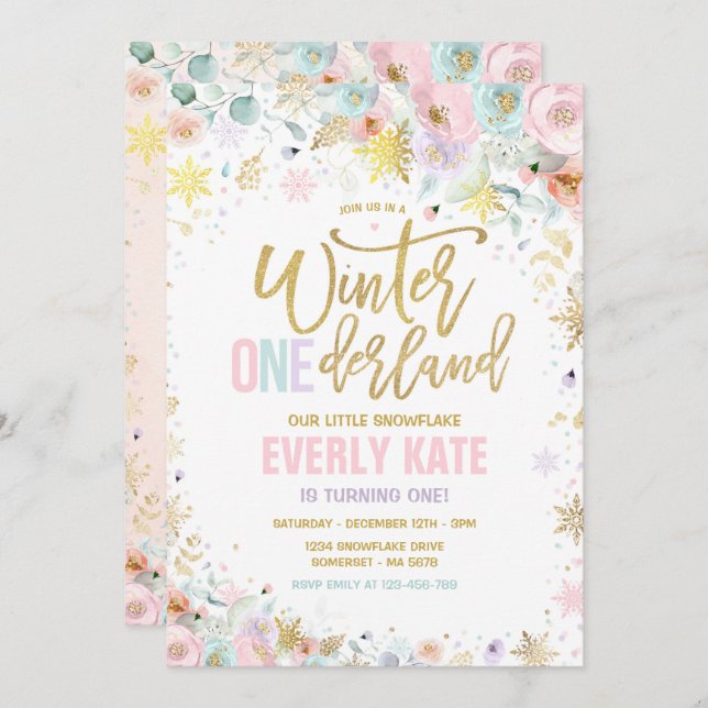 Winter ONEderland 1st Birthday Gold Lilac Pink Invitation (Front/Back)