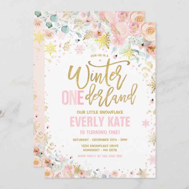 Winter ONEderland 1st Birthday Gold Pink Peach Invitation (Front/Back)