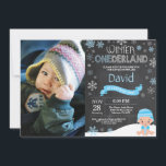 Winter Onederland 1st Birthday Invitation<br><div class="desc">Winter Onederland 1st Birthday Invitation with custom photo. Baby Boy. Blue and White Snowflake. First Birthday. Boy 1st Bday Invite. Chalkboard Background. Black and White. For further customisation,  please click the "Customise it" button and use our design tool to modify this template.</div>
