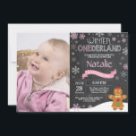 Winter Onederland 1st Birthday Invitation<br><div class="desc">Winter Onederland Snowman 1st Birthday Invitation with custom photo. Gingerbread man. Pink and White Snowflake. First Birthday. Girl 1st Bday Invite. Chalkboard Background. Black and White. For further customisation,  please click the "Customise it" button and use our design tool to modify this template.</div>