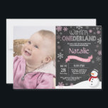 Winter Onederland 1st Birthday Invitation<br><div class="desc">Winter Onederland 1st Birthday Invitation with custom photo. Snowman. Pink and White Snowflake. First Birthday. Girl 1st Bday Invite. Chalkboard Background. Black and White. For further customisation,  please click the "Customise it" button and use our design tool to modify this template.</div>