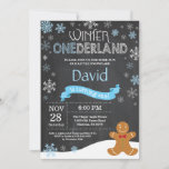 Winter Onederland 1st Birthday Invitation<br><div class="desc">Winter Onederland Snowman 1st Birthday Invitation. Gingerbread man. Blue and White Snowflake. First Birthday. Boy 1st Bday Invite. Chalkboard Background. Black and White. For further customisation,  please click the "Customise it" button and use our design tool to modify this template.</div>