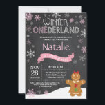 Winter Onederland 1st Birthday Invitation<br><div class="desc">Winter Onederland Snowman 1st Birthday Invitation. Gingerbread man. Pink and White Snowflake. First Birthday. Girl 1st Bday Invite. Chalkboard Background. Black and White. For further customisation,  please click the "Customise it" button and use our design tool to modify this template.</div>