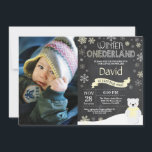 Winter Onederland 1st Birthday Invitation<br><div class="desc">Winter Onederland Polar Bear 1st Birthday Invitation with custom photo. Deer. Yellow and White Snowflake. First Birthday. Boy or Girl 1st Bday Invite. Chalkboard Background. Black and White. For further customisation,  please click the "Customise it" button and use our design tool to modify this template.</div>