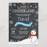 Winter Onederland 1st Birthday Invitation<br><div class="desc">Winter Onederland Snowman 1st Birthday Invitation. Baby Boy. Blue and White Snowflake. First Birthday. Boy 1st Bday Invite. Chalkboard Background. Black and White. For further customisation,  please click the "Customise it" button and use our design tool to modify this template.</div>