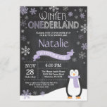 Winter Onederland 1st Birthday Invitation<br><div class="desc">Winter Onederland 1st Birthday Invitation. Penguin. Purple Lilac Lavender and White Snowflake. First Birthday. Girl 1st Bday Invite. Chalkboard Background. Black and White. For further customisation,  please click the "Customise it" button and use our design tool to modify this template.</div>