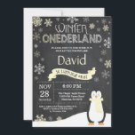 Winter Onederland 1st Birthday Invitation<br><div class="desc">Winter Onederland 1st Birthday Invitation. Penguin. Yellow and White Snowflake. First Birthday. Boy or Girl 1st Bday Invite. Chalkboard Background. Black and White. For further customisation,  please click the "Customise it" button and use our design tool to modify this template.</div>