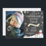 Winter Onederland 1st Birthday Invitation<br><div class="desc">Winter Onederland 1st Birthday Invitation with custom photo. Snowman and Penguin. Yellow and White Snowflake. First Birthday. Boy or Girl 1st Bday Invite. Chalkboard Background. Black and White. For further customisation,  please click the "Customise it" button and use our design tool to modify this template.</div>