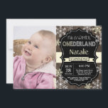 Winter Onederland 1st Birthday Invitation<br><div class="desc">Winter Onederland Boy or Girl 1st Birthday Invitation with custom photo. Yellow and White Snowflake. First Birthday. Boy or Girl 1st Bday Invite. Rustic Wood Chalkboard Background. Black and White. Yellow Ribbon. For further customisation,  please click the "Customise it" button and use our design tool to modify this template.</div>