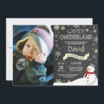 Winter Onederland 1st Birthday Invitation<br><div class="desc">Winter Onederland Snowman 1st Birthday Invitation with custom photo. Baby Boy or Girl. Yellow and White Snowflake. First Birthday. Boy or Girl 1st Bday Invite. Chalkboard Background. Black and White. For further customisation,  please click the "Customise it" button and use our design tool to modify this template.</div>