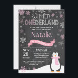 Winter Onederland 1st Birthday Invitation<br><div class="desc">Winter Onederland 1st Birthday Invitation. Penguin. Pink and White Snowflake. First Birthday. Girl 1st Bday Invite. Chalkboard Background. Black and White. For further customisation,  please click the "Customise it" button and use our design tool to modify this template.</div>