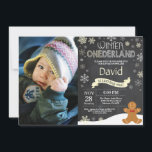 Winter Onederland 1st Birthday Invitation<br><div class="desc">Winter Onederland Snowman 1st Birthday Invitation with custom photo. Gingerbread man. Yellow and White Snowflake. First Birthday. Boy or Girl 1st Bday Invite. Chalkboard Background. Black and White. For further customisation,  please click the "Customise it" button and use our design tool to modify this template.</div>