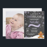 Winter Onederland 1st Birthday Invitation<br><div class="desc">Winter Onederland Snowman 1st Birthday Invitation with custom photo. Gingerbread man. Purple Lilac Lavender and White Snowflake. First Birthday. Girl 1st Bday Invite. Chalkboard Background. Black and White. For further customisation,  please click the "Customise it" button and use our design tool to modify this template.</div>