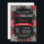 Winter Onederland 1st Birthday Invitation<br><div class="desc">Winter Onederland Boy 1st Birthday Invitation. Red and White Snowflake. First Birthday. Boy or Girl 1st Bday Invite. Rustic Wood Chalkboard Background. Black and White. Red Ribbon. For further customisation,  please click the "Customise it" button and use our design tool to modify this template.</div>