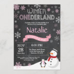 Winter Onederland 1st Birthday Invitation<br><div class="desc">Winter Onederland 1st Birthday Invitation. Snowman and Penguin. Pink and White Snowflake. First Birthday. Girl 1st Bday Invite. Chalkboard Background. Black and White. For further customisation,  please click the "Customise it" button and use our design tool to modify this template.</div>