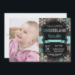 Winter Onederland 1st Birthday Invitation<br><div class="desc">Winter Onederland Boy or Girl 1st Birthday Invitation with custom photo. Aqua Teal Turquoise and White Snowflake. First Birthday. Boy or Girl 1st Bday Invite. Rustic Wood Chalkboard Background. Black and White. Aqua Teal Turquoise Ribbon. For further customisation, please click the "Customise it" button and use our design tool to...</div>