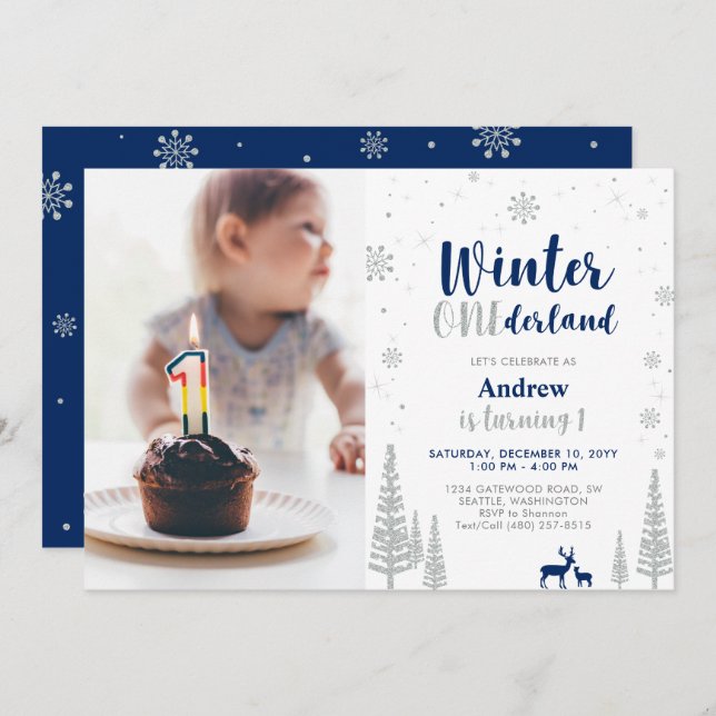 Winter Onederland 1st Birthday Invitation - Boy (Front/Back)
