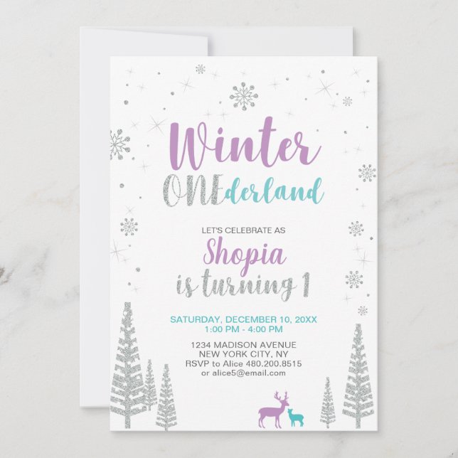 Winter Onederland 1st Birthday Invitation - Girl (Front)