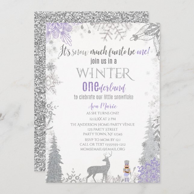 Winter Onederland 1st Birthday Lavender Snowflake Invitation (Front/Back)