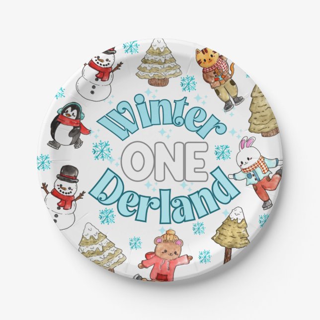 Winter onederland 1st birthday  paper plate (Front)