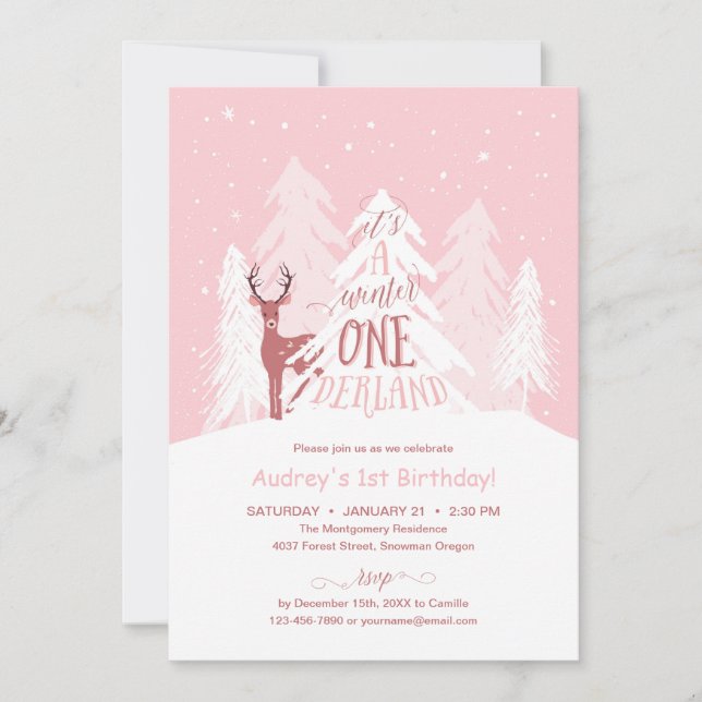 Winter Onederland 1st Birthday Party Invite Pink (Front)