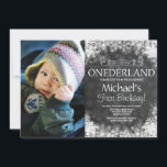 Winter Onederland 1st Birthday Photo Invitation<br><div class="desc">Winter Onederland 1st Birthday Invitation with custom photo. White Snowflake. First Birthday. Boy or Girl 1st Bday Invite. Chalkboard Background. Black and White. For further customisation,  please click the "Customise it" button and use our design tool to modify this template.</div>