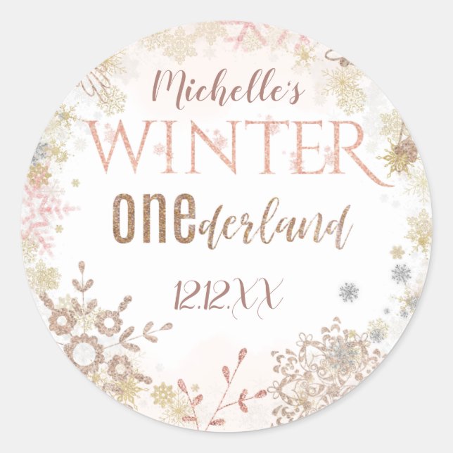 Winter Onederland 1st Birthday Pink Snowflake Classic Round Sticker (Front)