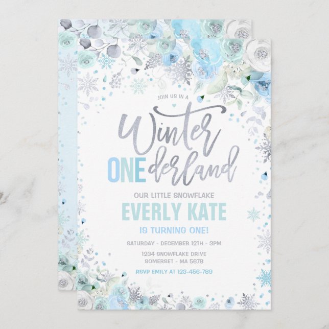 Winter ONEderland 1st Birthday Silver Blue Mint Invitation (Front/Back)