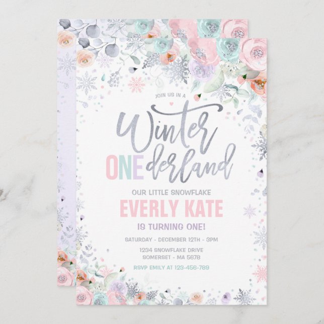 Winter ONEderland 1st Birthday Silver Lilac Pink Invitation (Front/Back)
