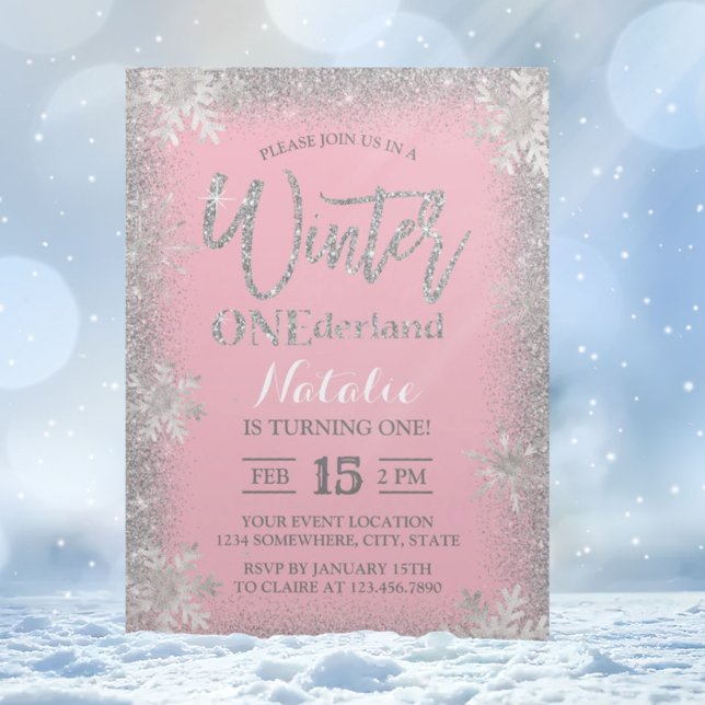 Winter ONEderland 1st Birthday Silver Pink Girl Invitation (Creator Uploaded)