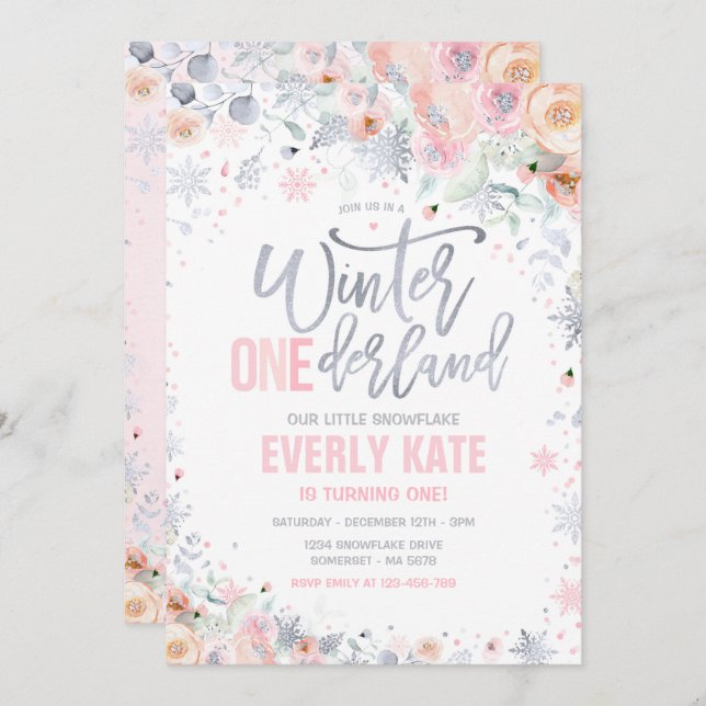 Winter ONEderland 1st Birthday Silver Pink Peach Invitation (Front/Back)