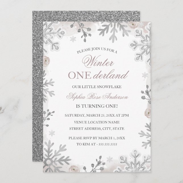 Winter Onederland 1st Birthday Silver Snowflake Invitation (Front/Back)