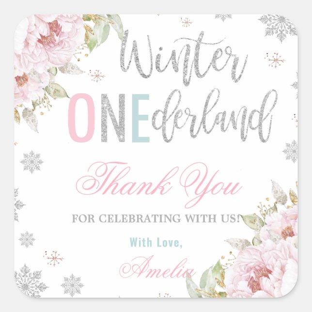 Winter ONEderland 1st Birthday Thank You Favor Square Sticker (Front)
