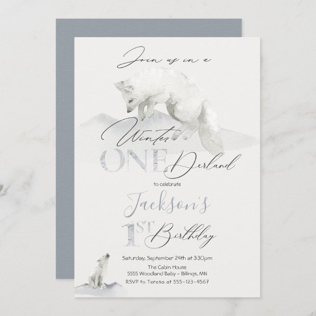 winter onederland 1st birthday white artic fox invitation (Front/Back)