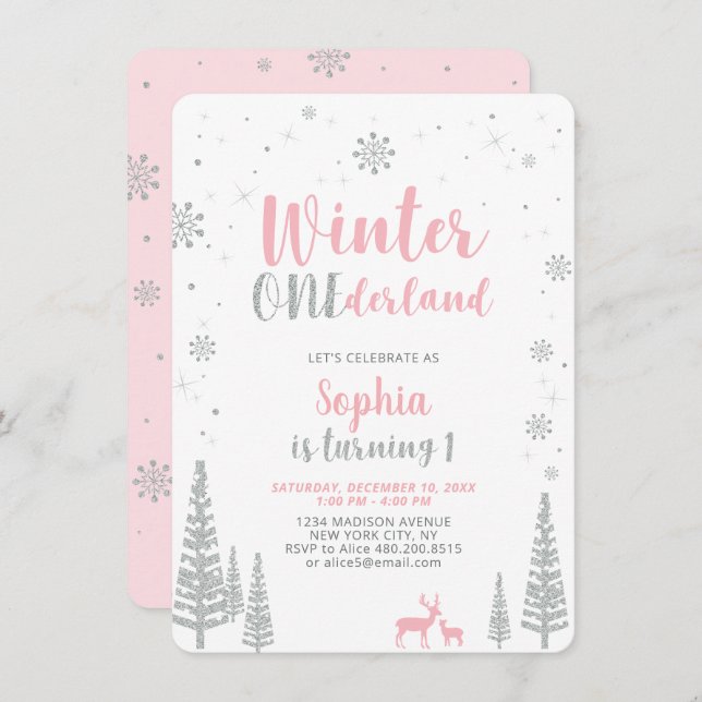 Winter Onederland 1st, First Birthday, Girl Invitation (Front/Back)