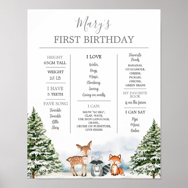 Winter Onederland Animal 1st Birthday Milestone Poster (Front)
