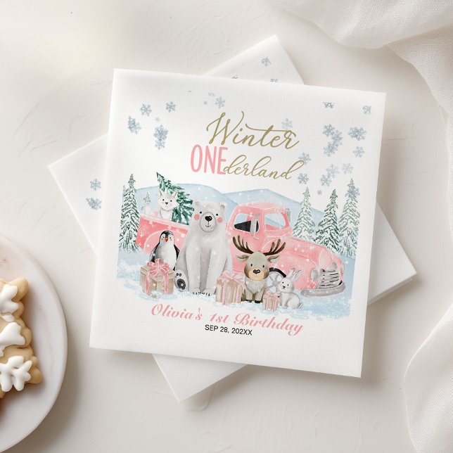 Winter Onederland Arctic Animal Girl 1st Birthday Napkin (Creator Uploaded)
