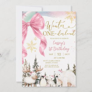 Winter ONEderland Arctic Animals Girl Birthday Invitation