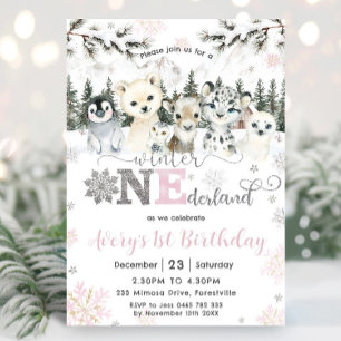 Winter Onederland Arctic Animals Snow 1st Birthday Invitation