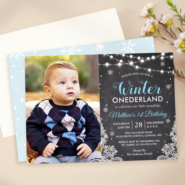 Winter ONEderland Baby Boy First Birthday Photo Invitation (Creator Uploaded)
