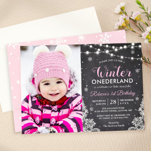 Winter ONEderland Baby Girl 1st Birthday Photo Invitation