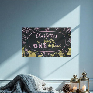 Winter Onederland Banner Glitter Pink Snowflakes Poster