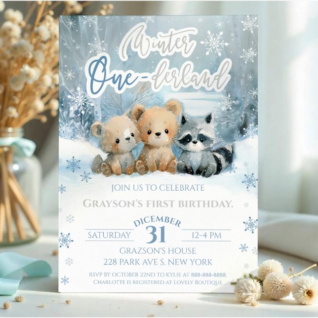 Winter Onederland Bear Baby Blue First Birthday Invitation (Creator Uploaded)