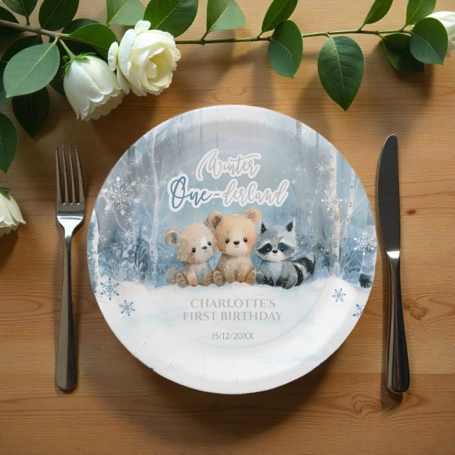 Winter Onederland Bear Blue First Birthday Party Paper Plate (Creator Uploaded)