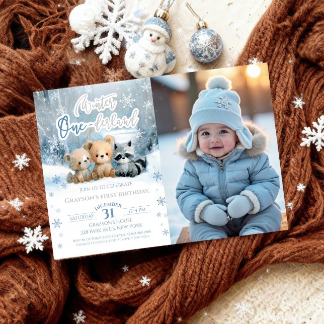 Winter Onederland Bear Blue First Birthday Photo Invitation (Creator Uploaded)