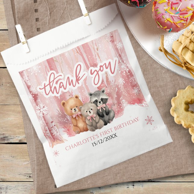 Winter Onederland Bear Pink First Birthday Party Favour Bag (Creator Uploaded)